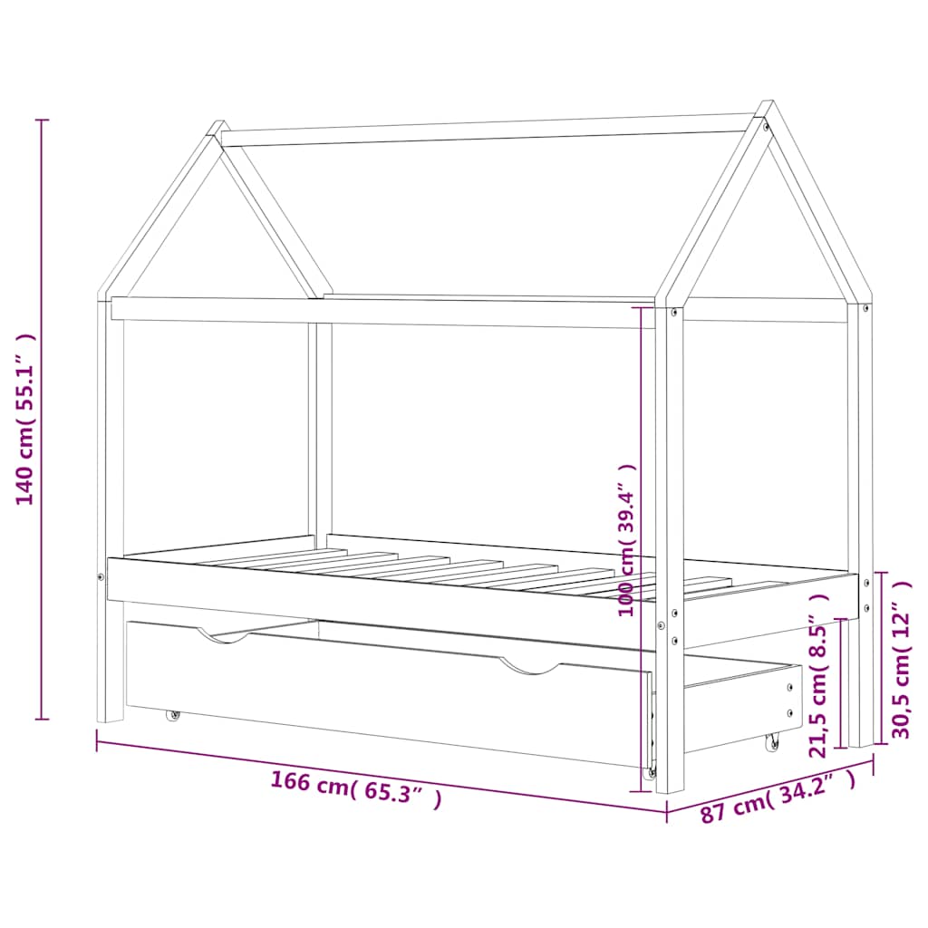 Cadre de lit enfant avec tiroir blanc bois pin massif 80x160 cm - XIOS