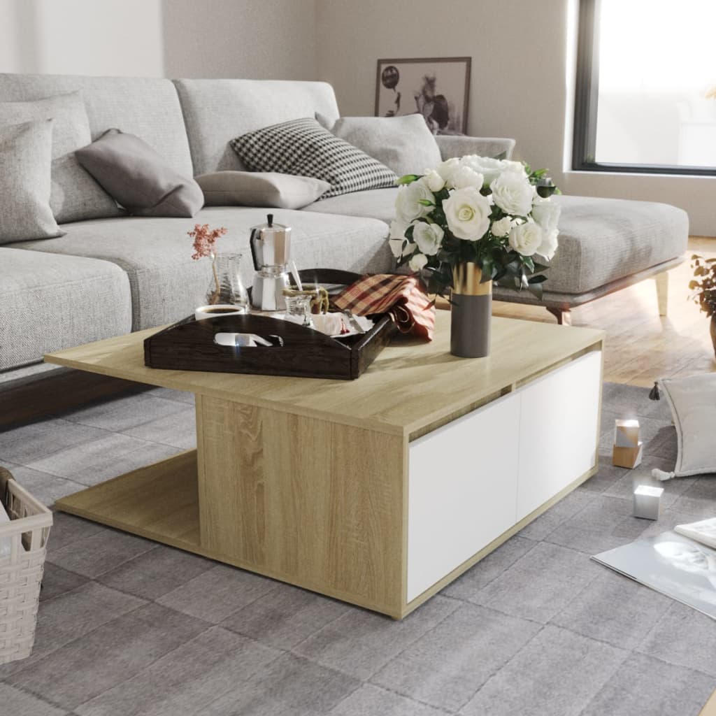 Table basse blanc et chêne sonoma 80x80x31 cm bois d'ingénierie - XIOS
