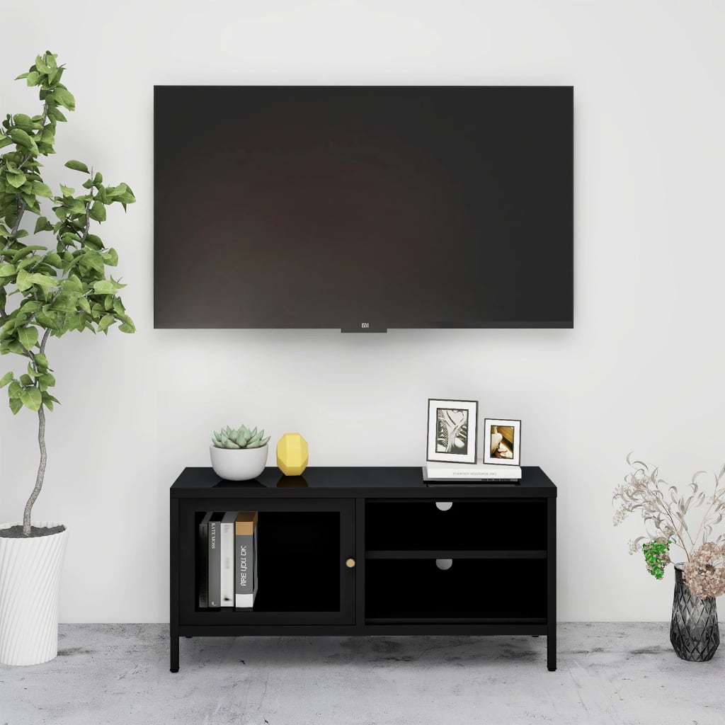 Meuble TV Noir 90x30x44 cm Acier et verre - XIOS