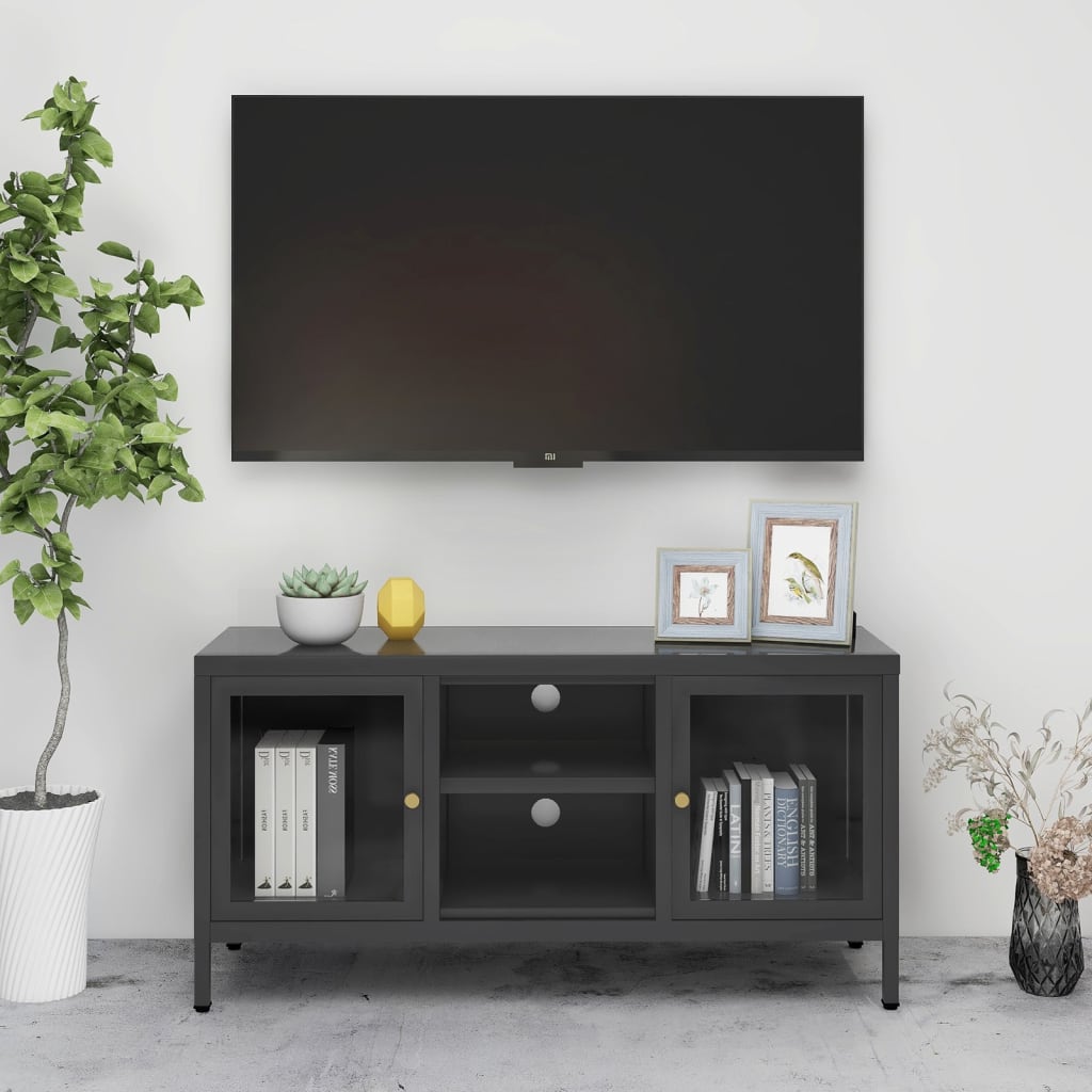 Meuble TV Anthracite 105x35x52 cm Acier et verre - XIOS