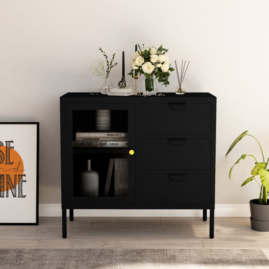 Buffet Noir 75x35x70 cm Acier et verre trempé - XIOS