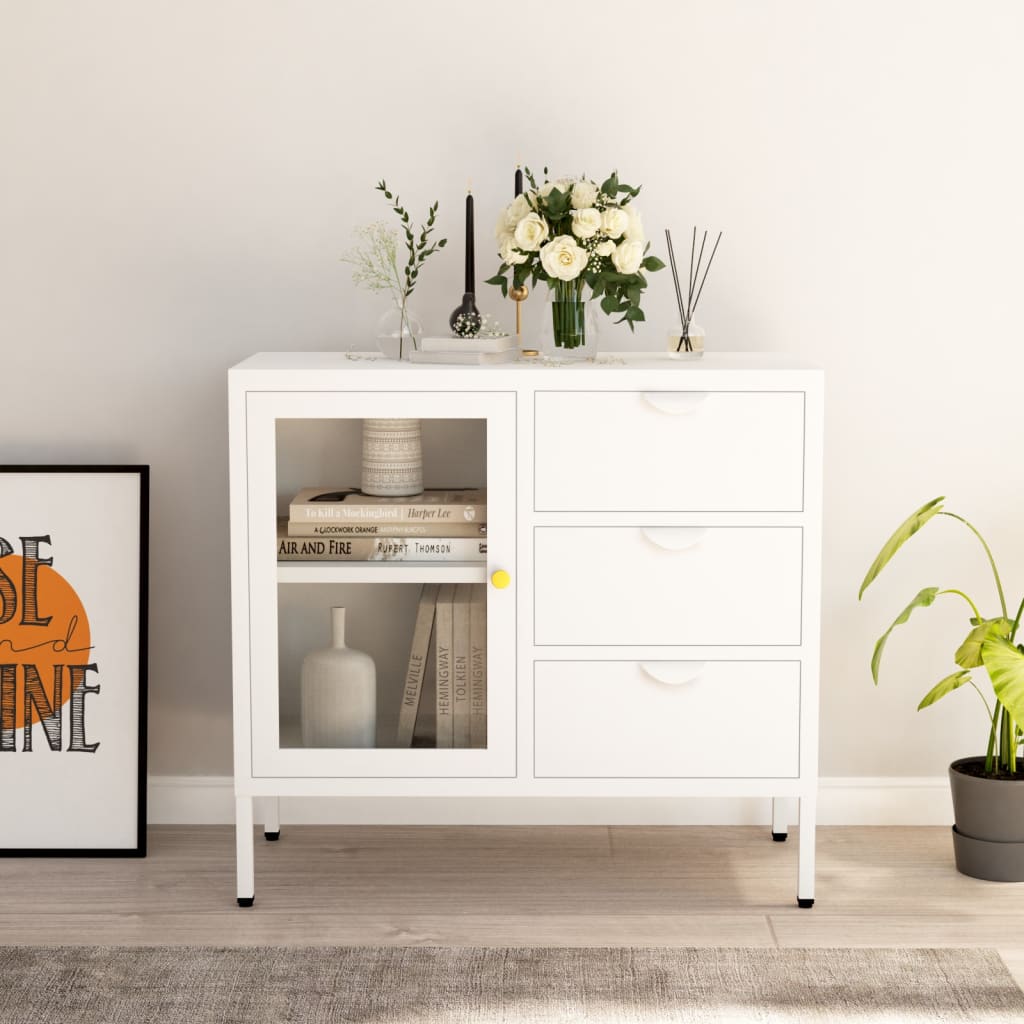 Buffet Blanc 75x35x70 cm Acier et verre trempé - XIOS