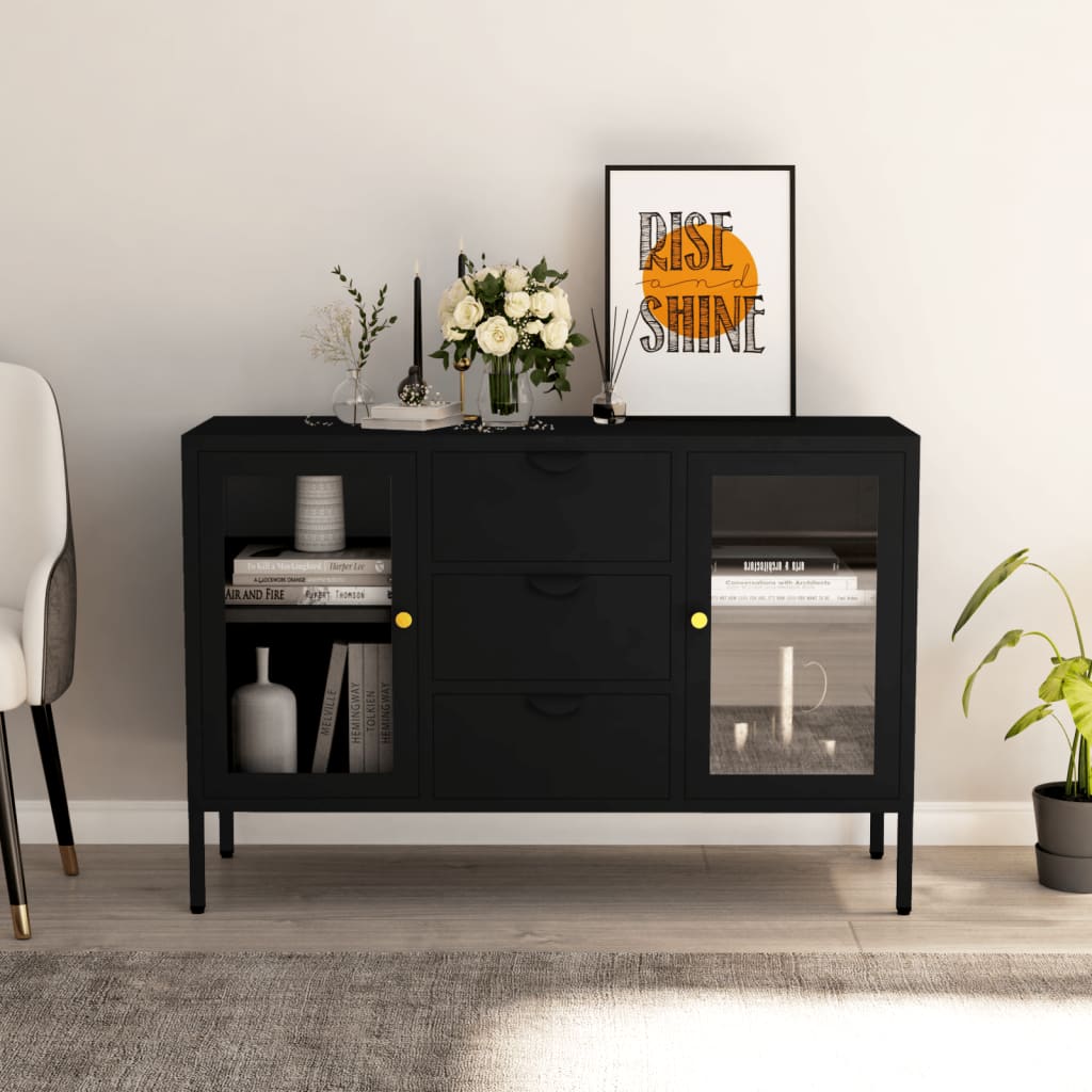 Buffet Noir 105x35x70 cm Acier et verre trempé - XIOS