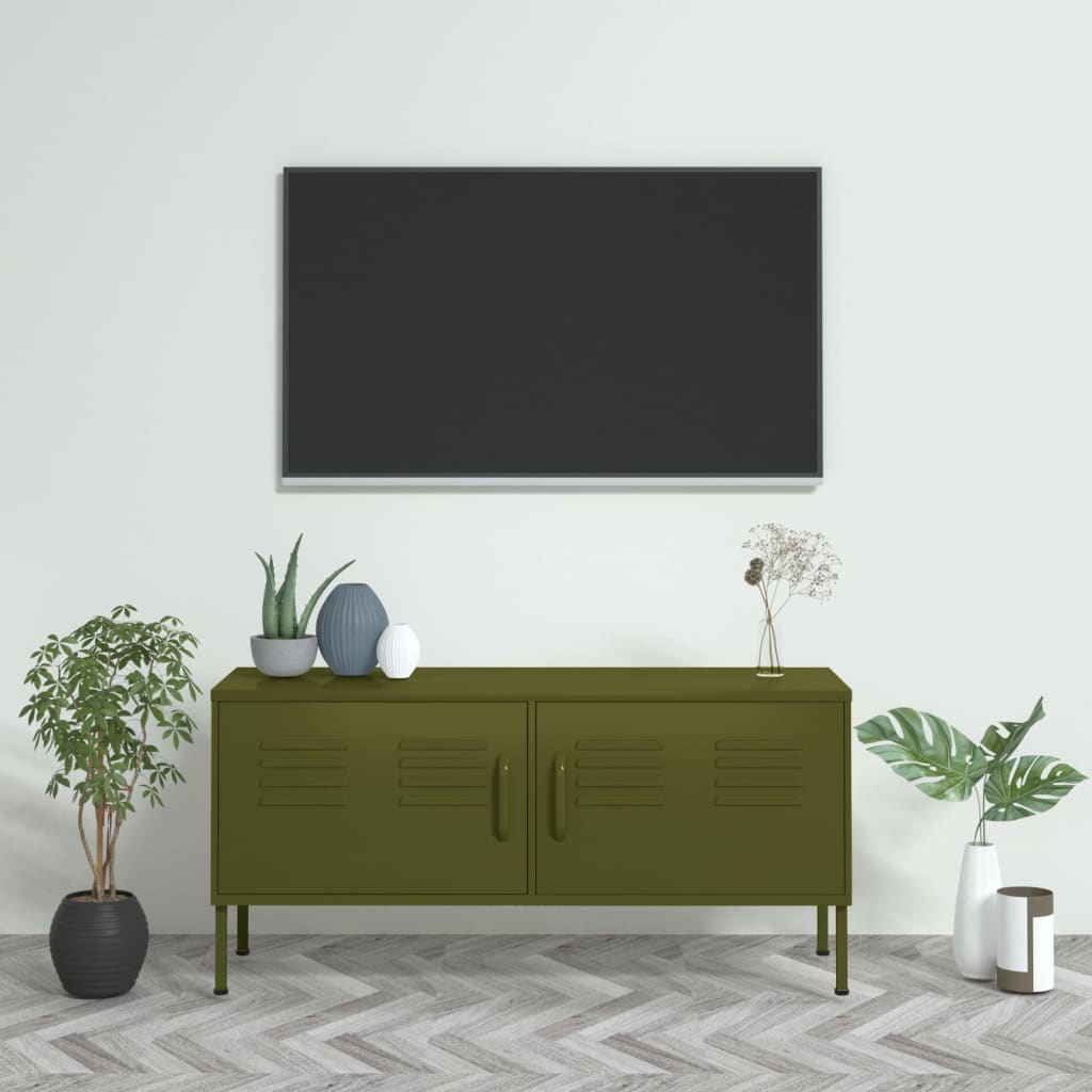 Meuble TV Vert olive 105x35x50 cm Acier Meubles TV vidaXL   