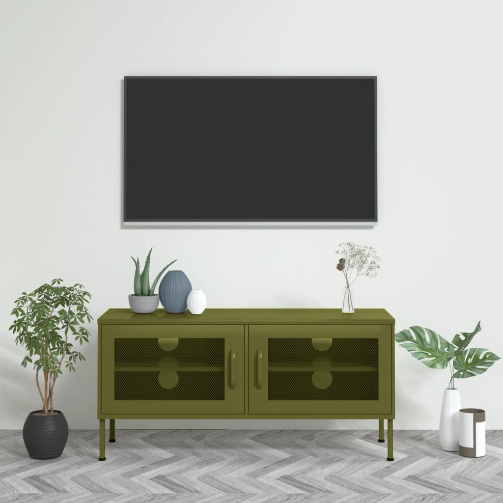 Meuble TV Vert olive 105x35x50 cm Acier Meubles TV vidaXL   