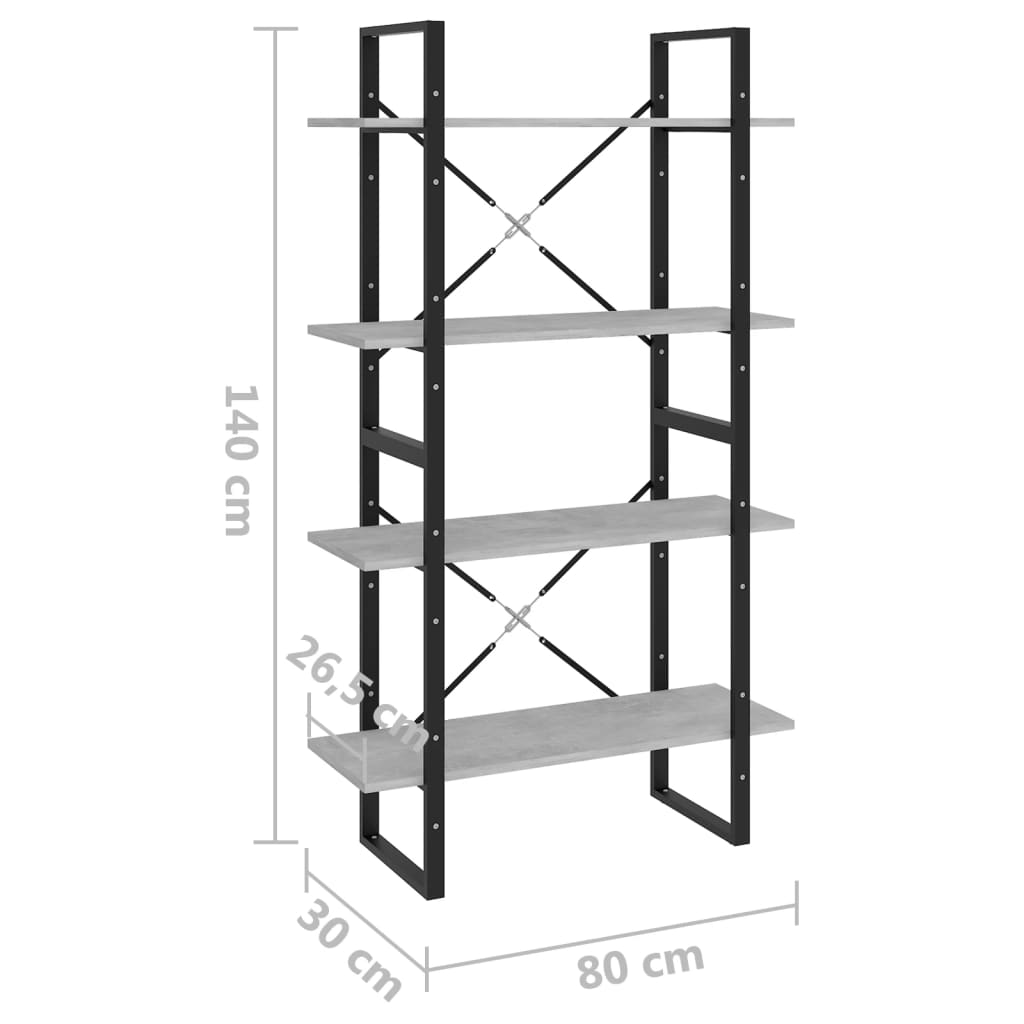 Bibliothèque à 4 niveaux gris béton 80x30x140cm bois ingénierie - XIOS