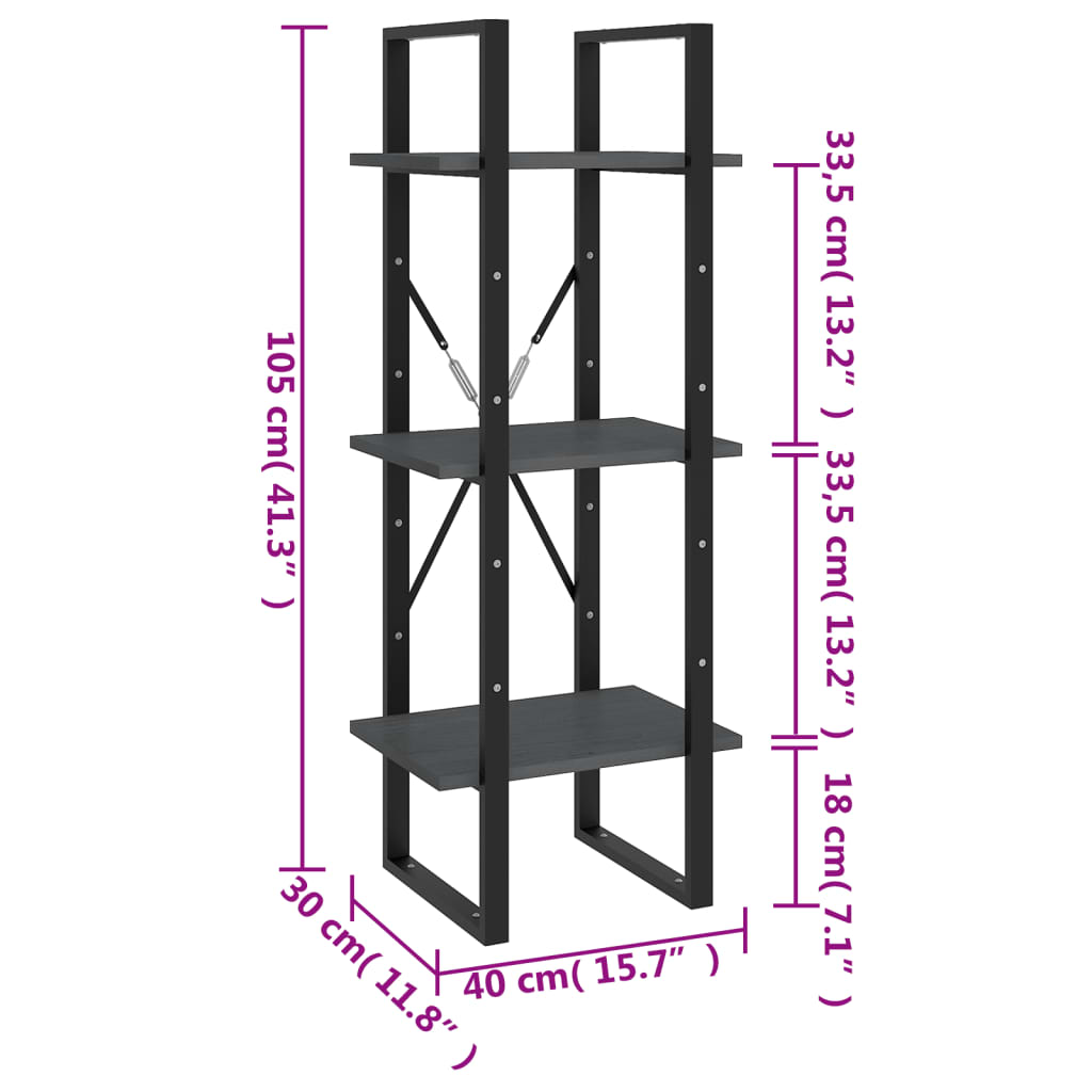 Bibliothèque à 3 niveaux Gris 40x30x105 cm Bois de pin massif - XIOS