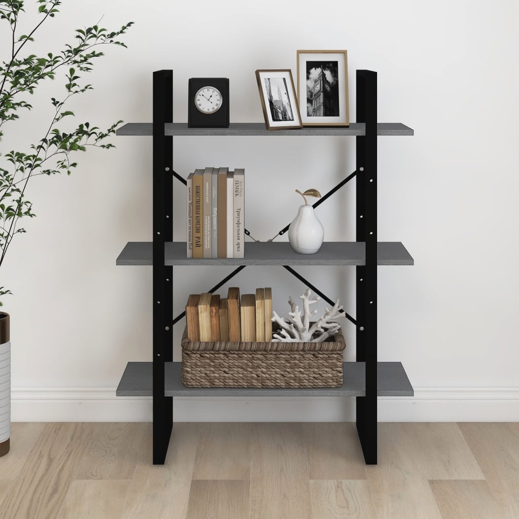 Bibliothèque à 3 niveaux Gris 80x30x105 cm Bois de pin massif - XIOS