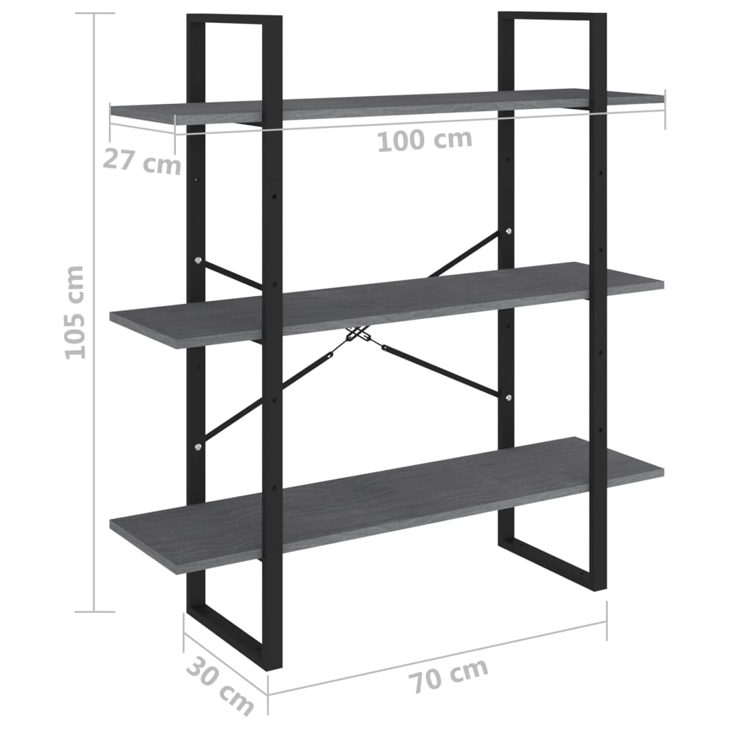 Bibliothèque à 3 niveaux Gris 100x30x105 cm Bois de pin massif - XIOS