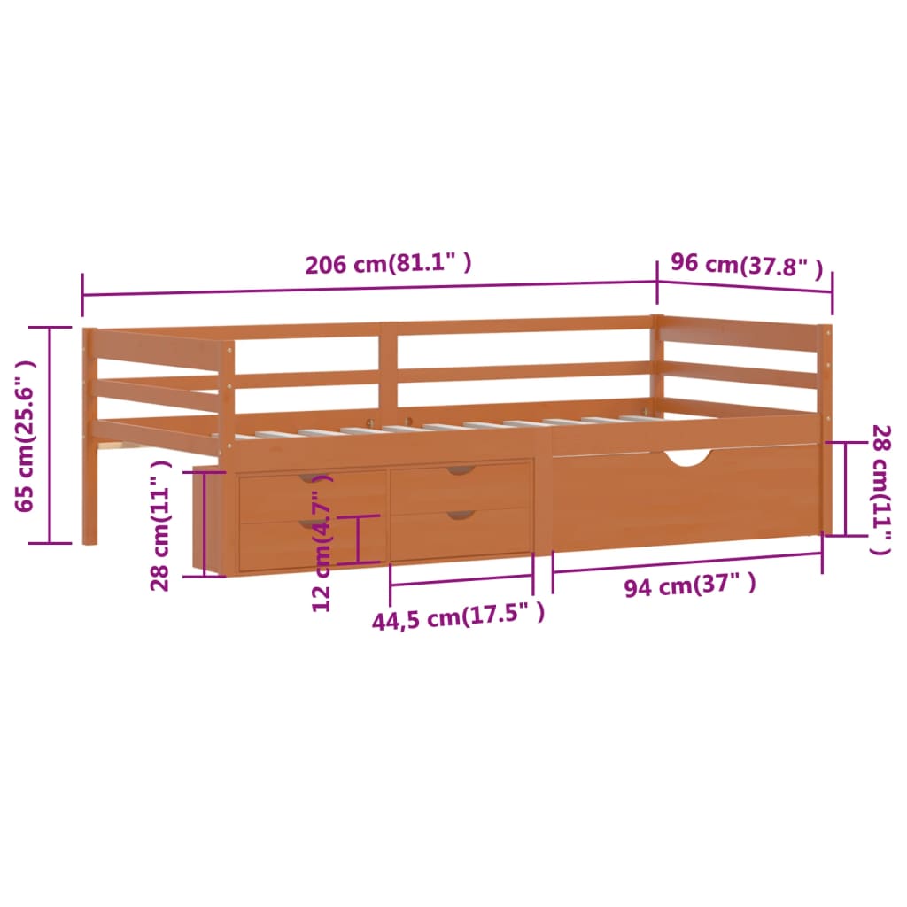 Cadre de lit avec rangement sans matelas marron miel 90x200 cm - XIOS
