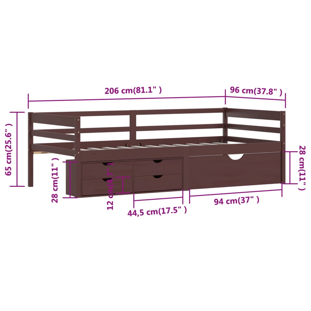 Cadre de lit avec rangement sans matelas marron foncé 90x200 cm - XIOS