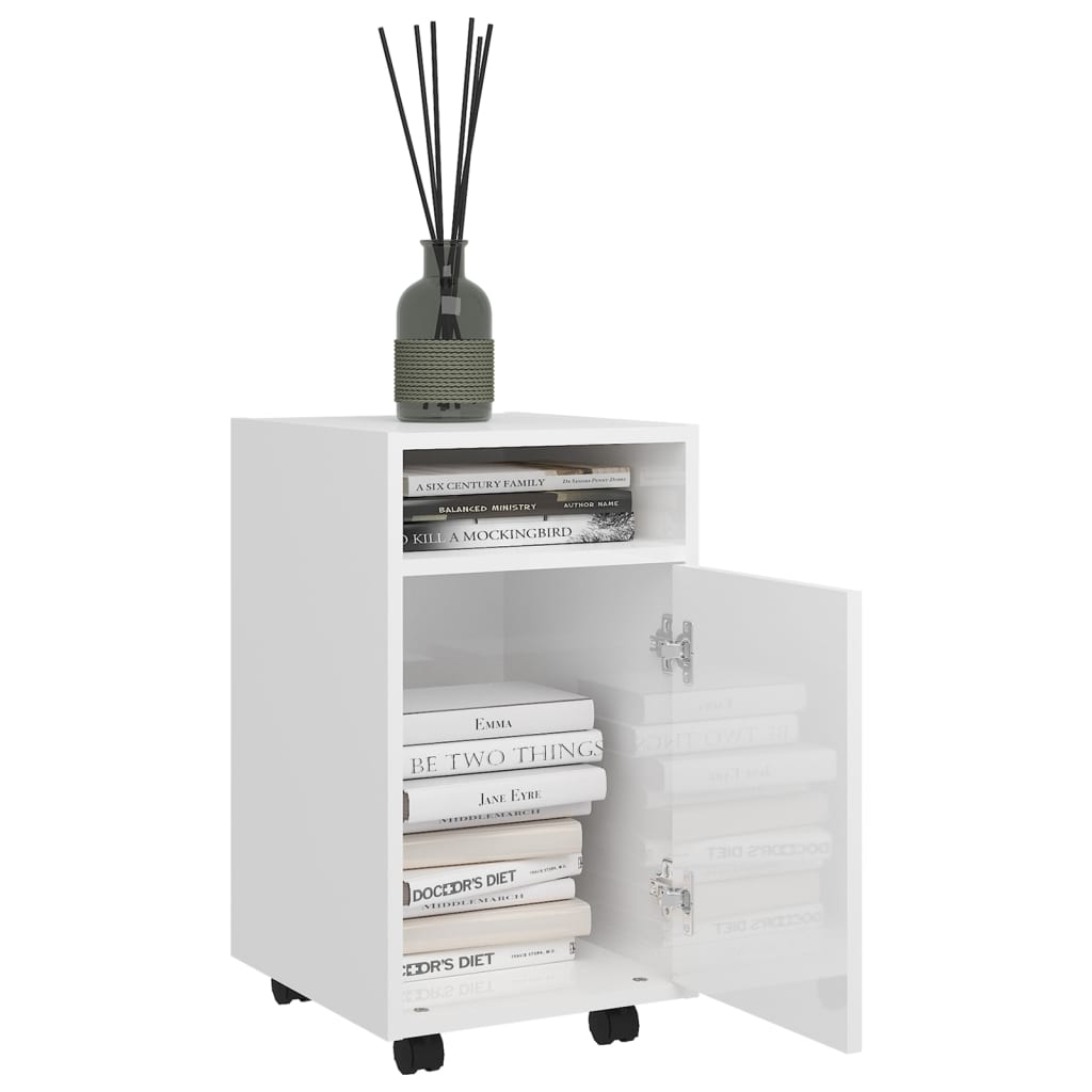 Armoire latérale avec roues Blanc brillant Bois d'ingénierie