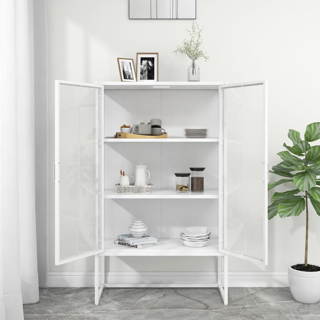 Buffet haut Blanc 80x35x135 cm Acier et verre trempé