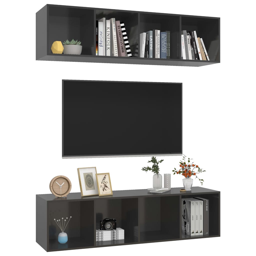 Meubles TV muraux 2 pcs Gris brillant Bois d'ingénierie Meubles TV vidaXL   