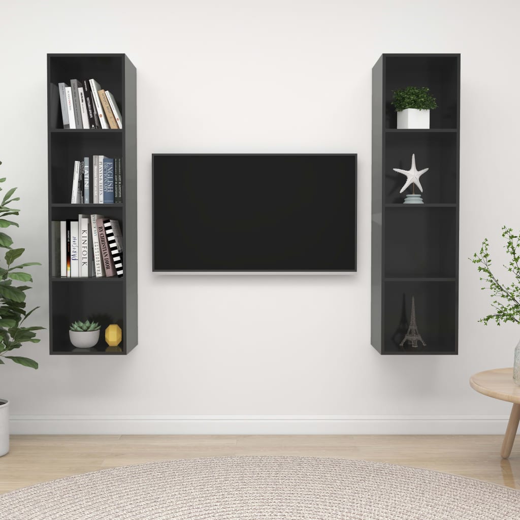 Meubles TV muraux 2 pcs Gris brillant Bois d'ingénierie Meubles TV vidaXL   