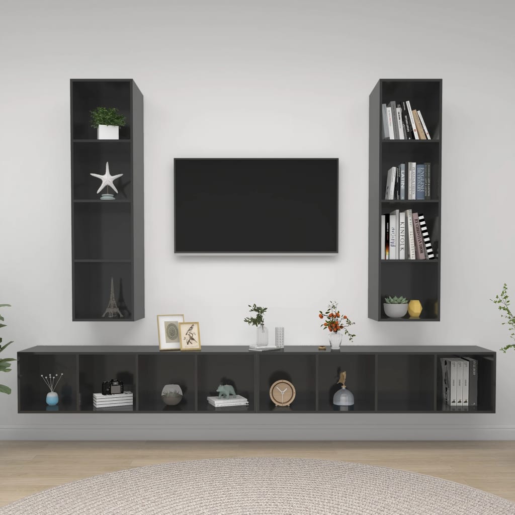 Meubles TV muraux 4 pcs Gris brillant Bois d'ingénierie Meubles TV vidaXL   