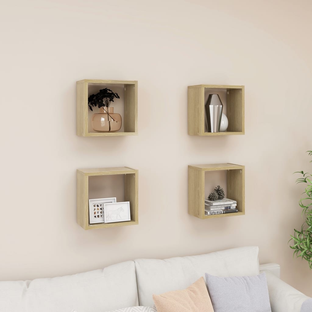 Étagères cube murales 4 pcs Chêne sonoma 26x15x26 cm Étagères murales & corniches vidaXL