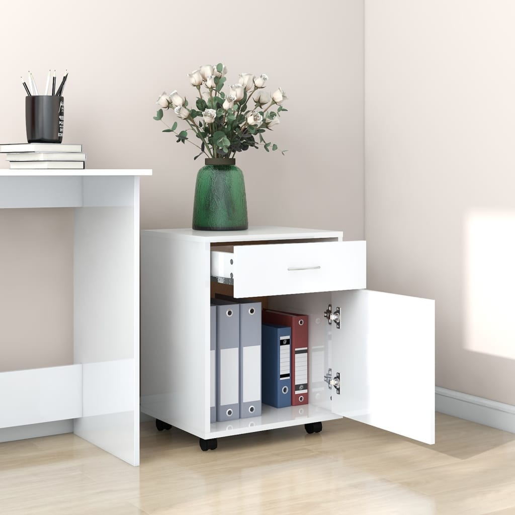 Armoire à roulettes Blanc brillant 45x38x54cm Bois d’ingénierie