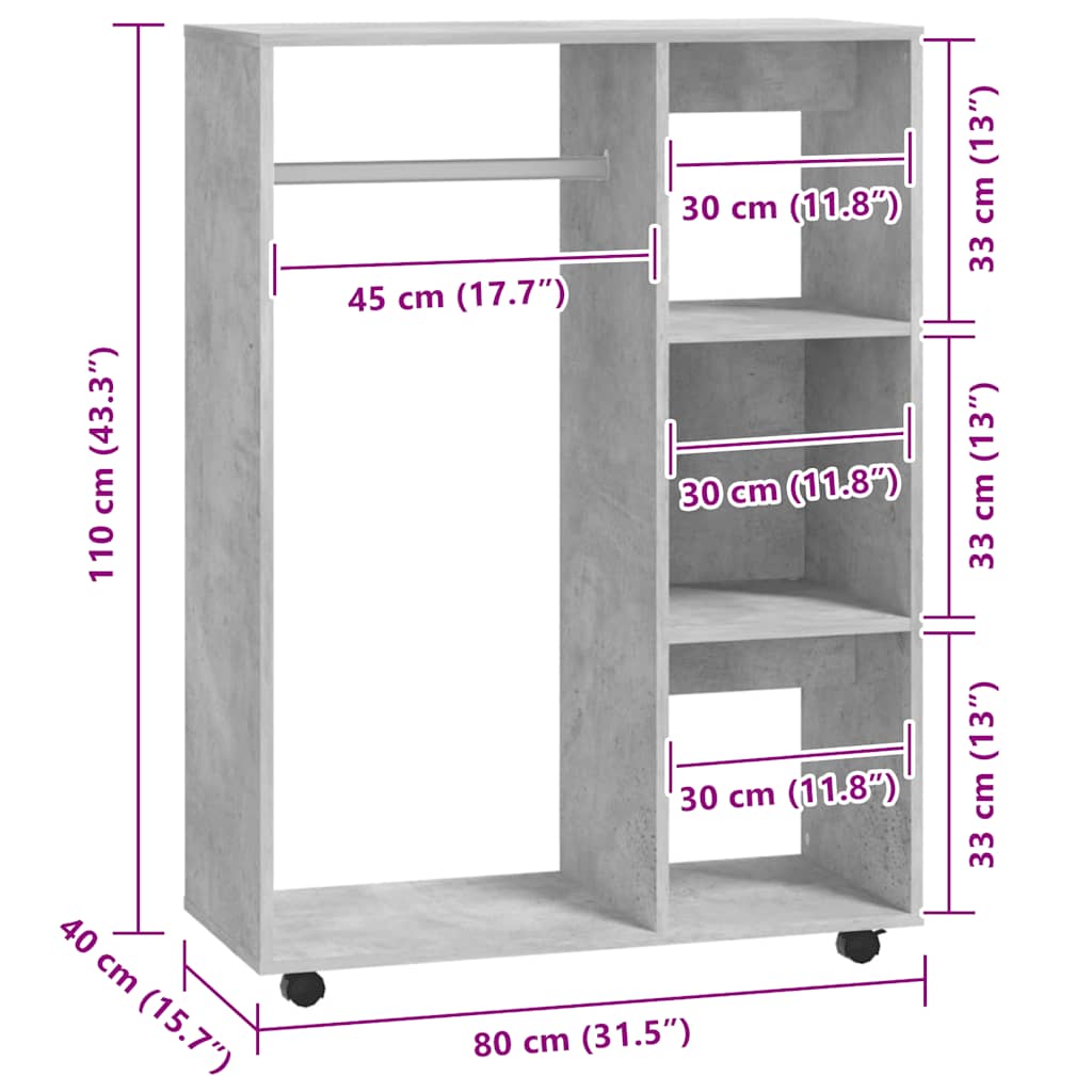 Garde-robe Gris béton 80x40x110 cm Bois d’ingénierie - XIOS