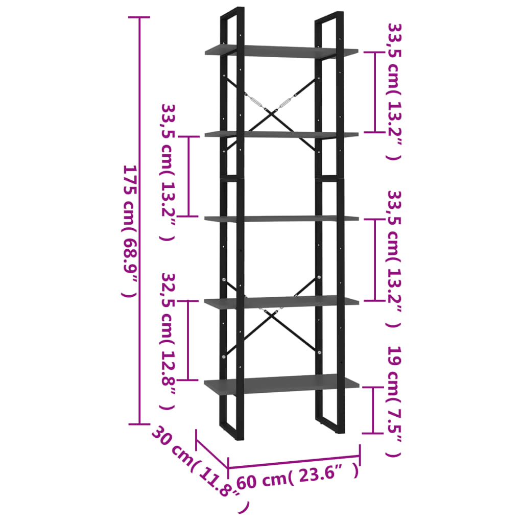 Bibliothèque à 5 niveaux Gris 60x30x175 cm Bois ingénierie - XIOS