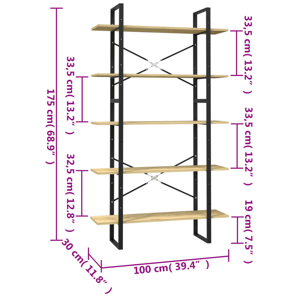 Bibliothèque à 5 niveaux 100x30x175 cm Bois de pin - XIOS
