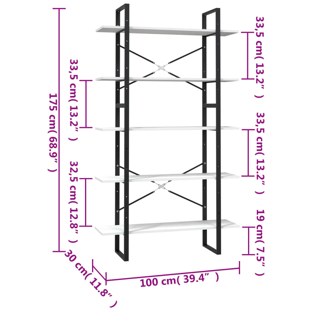 Bibliothèque à 5 niveaux Blanc 100x30x175 cm Bois de pin - XIOS