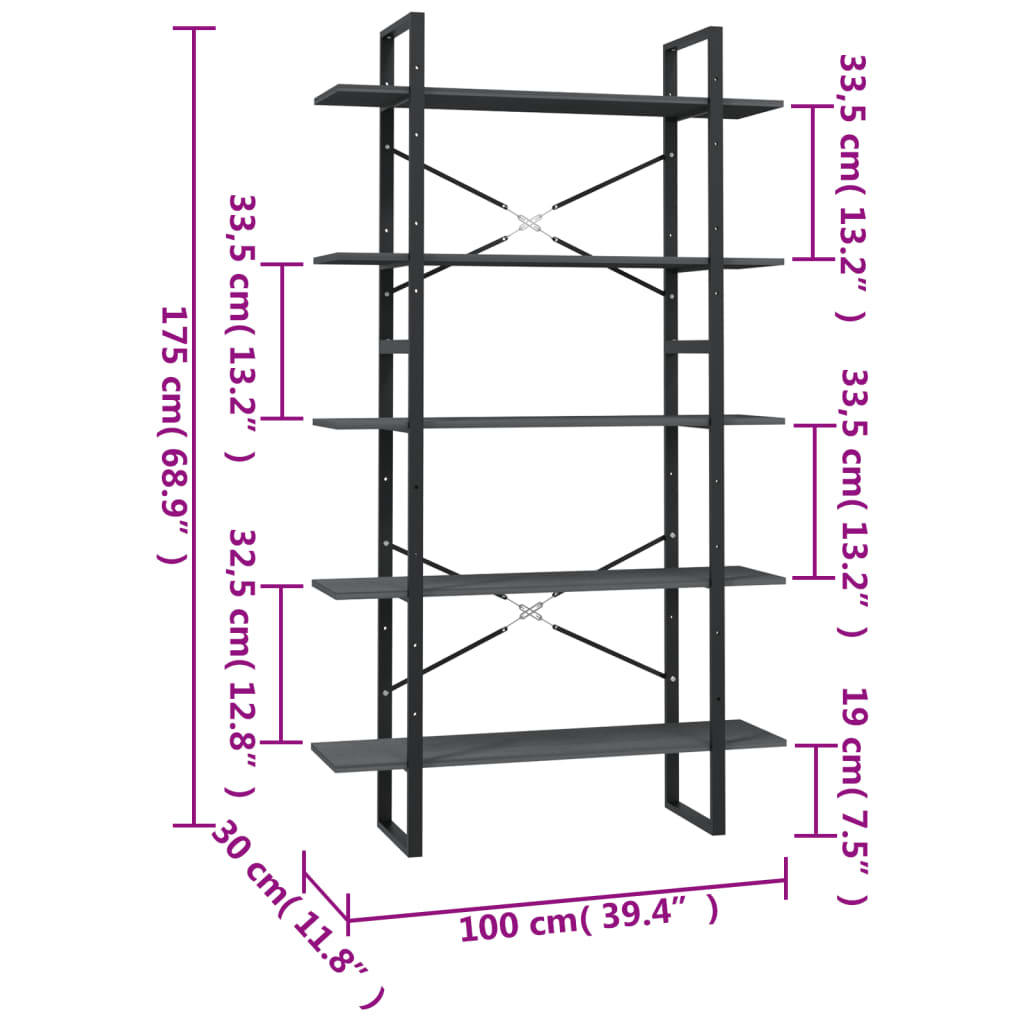 Bibliothèque à 5 niveaux Gris 100x30x175 cm Bois de pin - XIOS