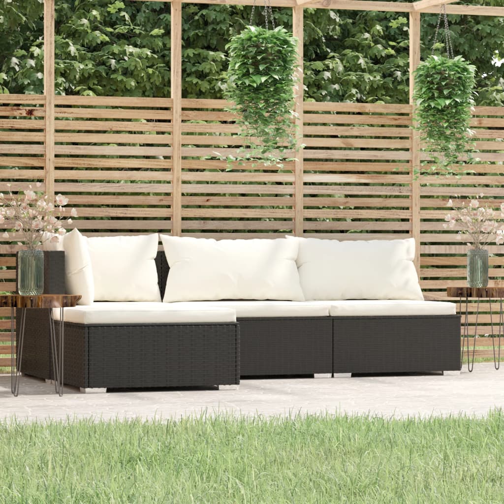 Salon de jardin 4 pcs avec coussins Noir Résine tressée