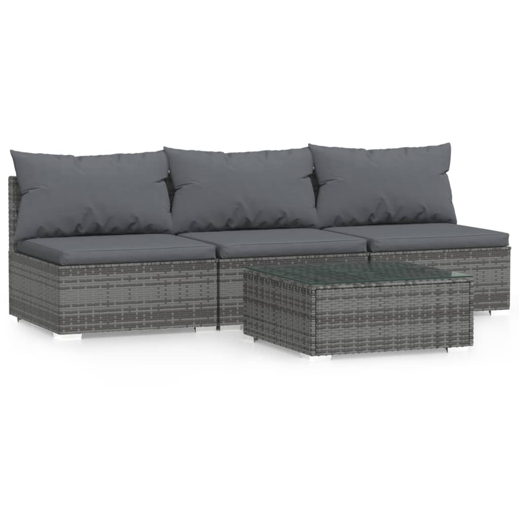Salon de jardin 4 pcs avec coussins Gris Résine tressée