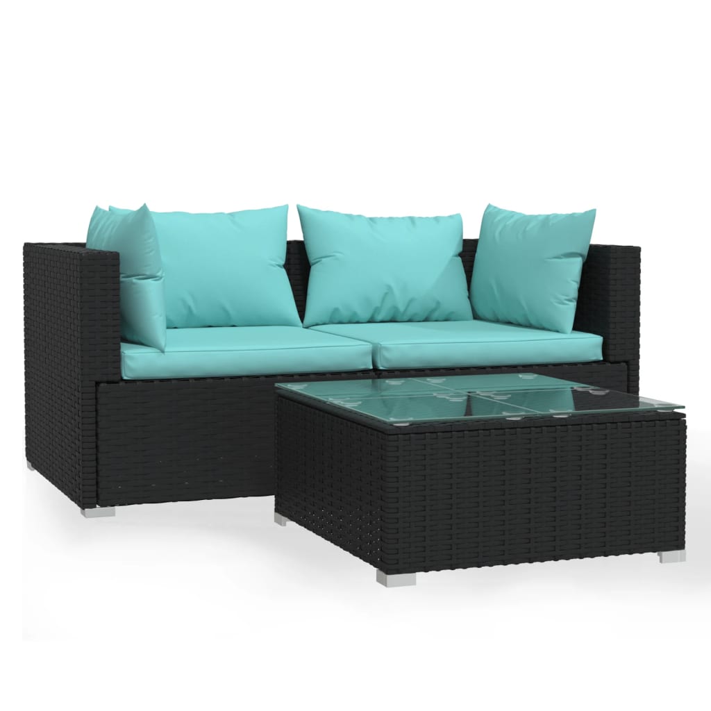 Salon de jardin 3 pcs avec coussins Noir Résine tressée