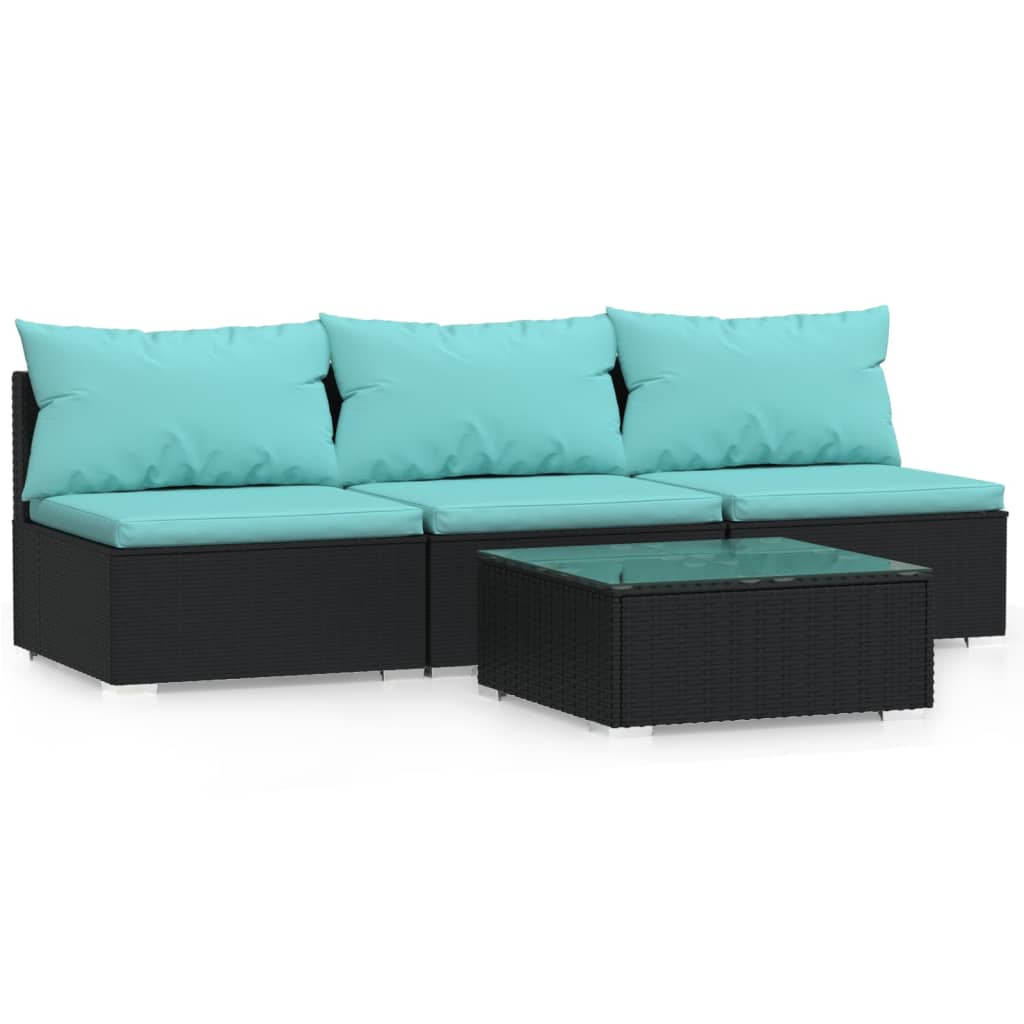 Salon de jardin 4 pcs avec coussins Noir Résine tressée