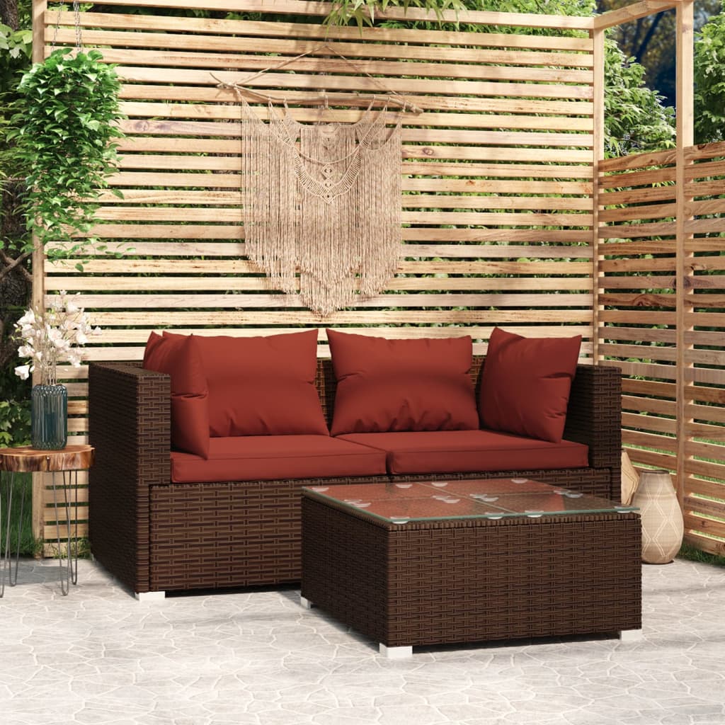 Salon de jardin 3 pcs avec coussins Marron Résine tressée - XIOS