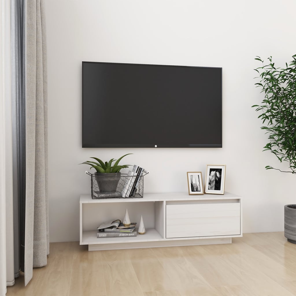 Meuble TV Blanc 110x30x33,5 cm Bois de pin massif - XIOS