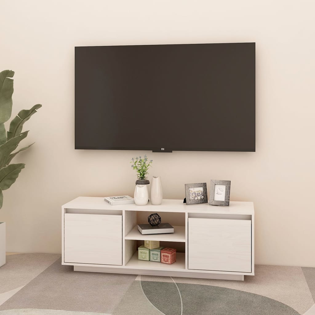Meuble TV Blanc 110x30x40 cm Bois de pin massif - XIOS
