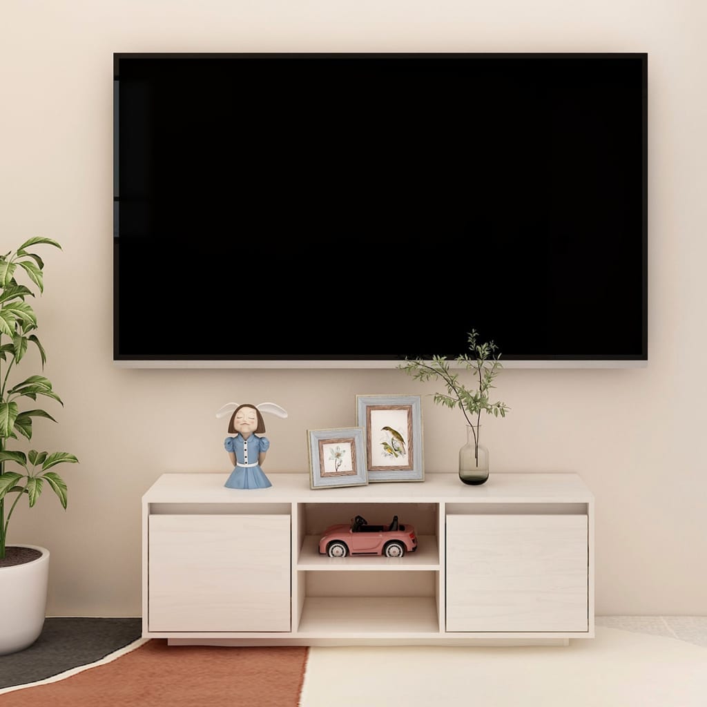 Meuble TV Blanc 110x30x40 cm Bois de pin massif - XIOS