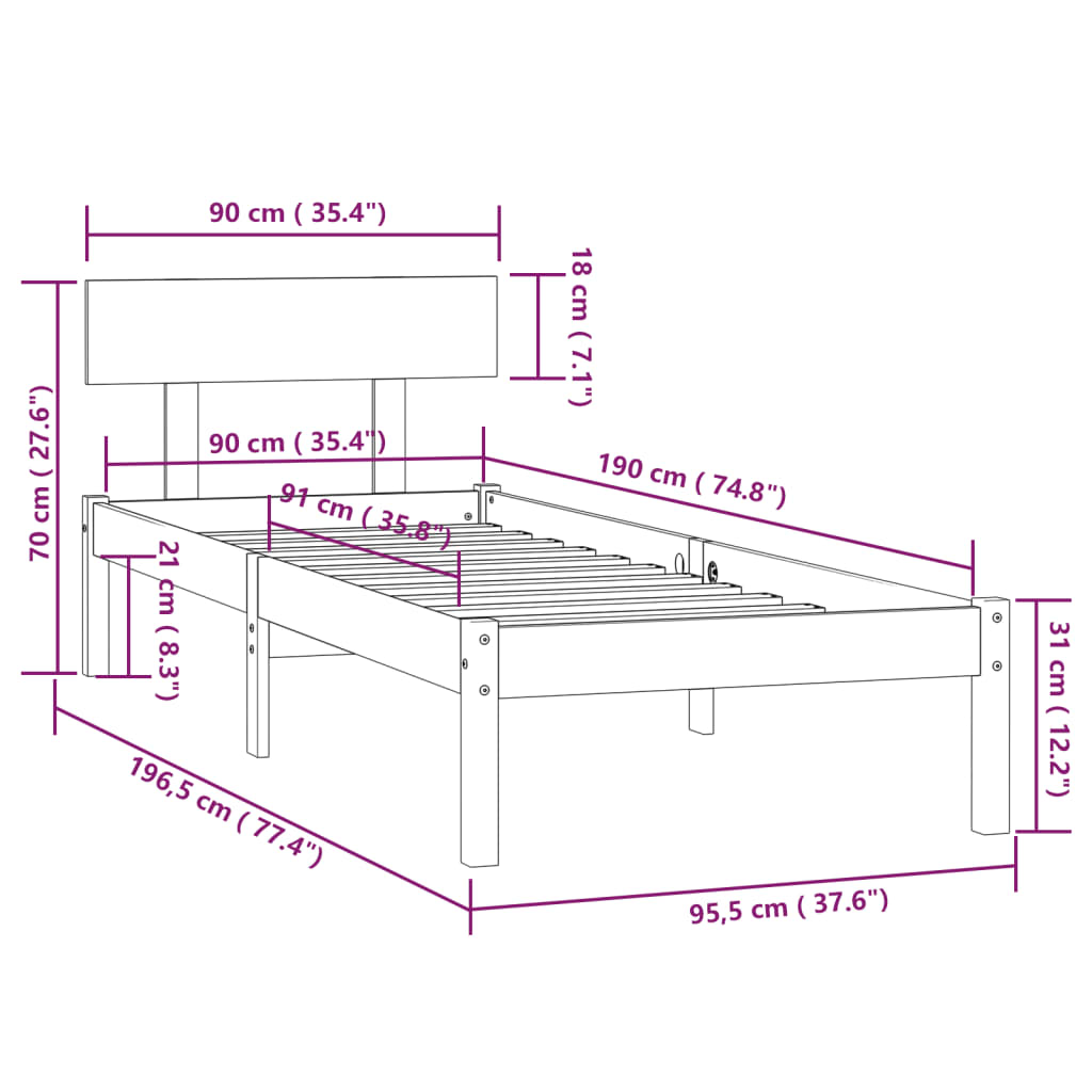 Cadre de lit sans matelas gris bois de pin massif - XIOS