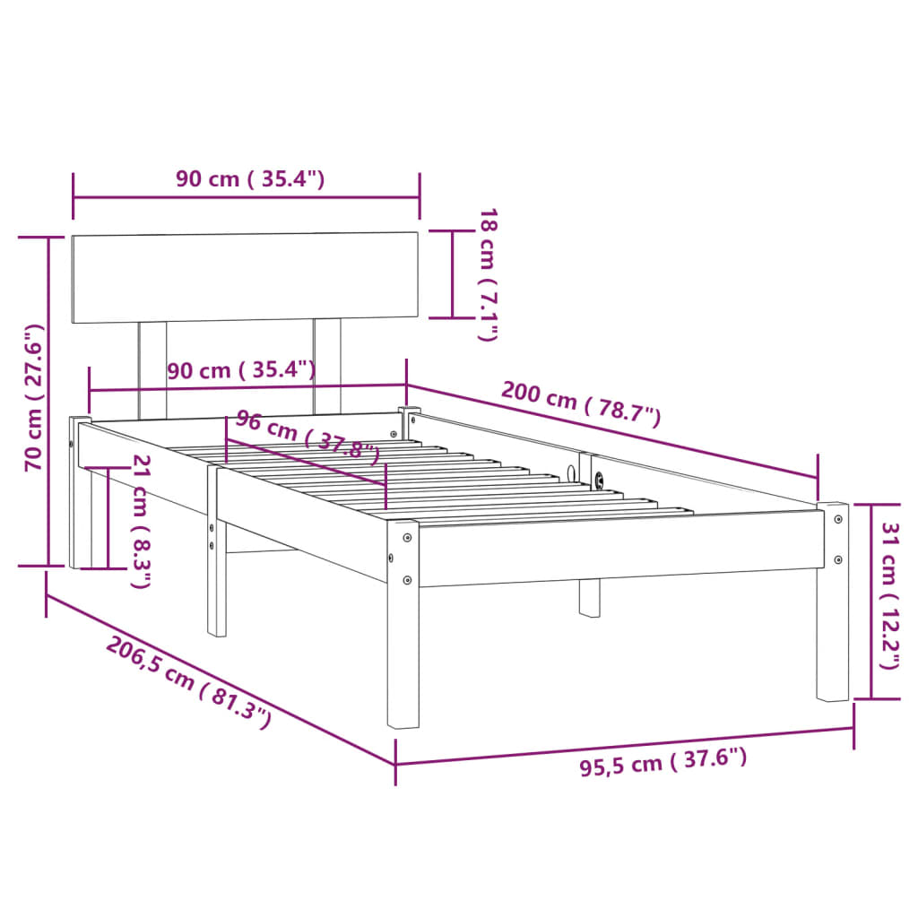 Cadre de lit sans matelas bois massif 90x200 cm - XIOS