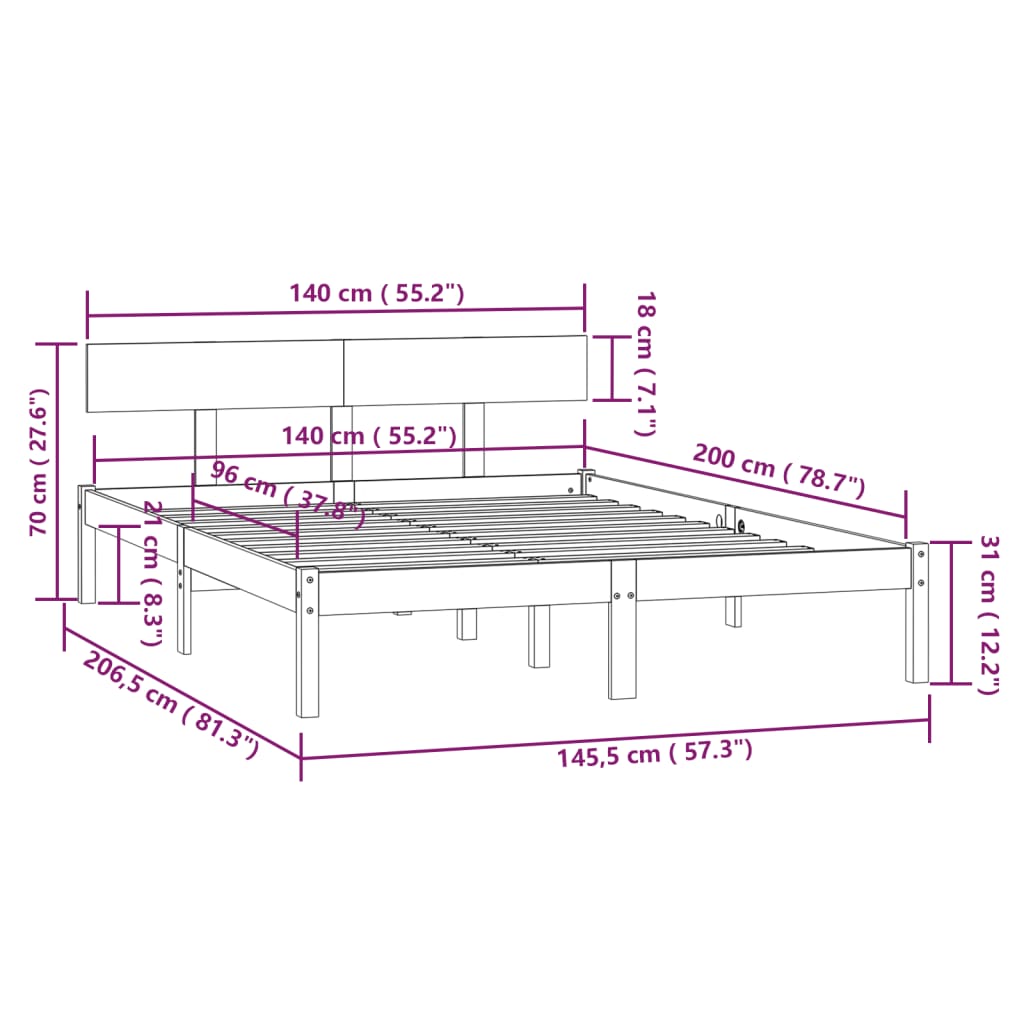 Cadre de lit sans matelas noir bois massif 140x200 cm - XIOS