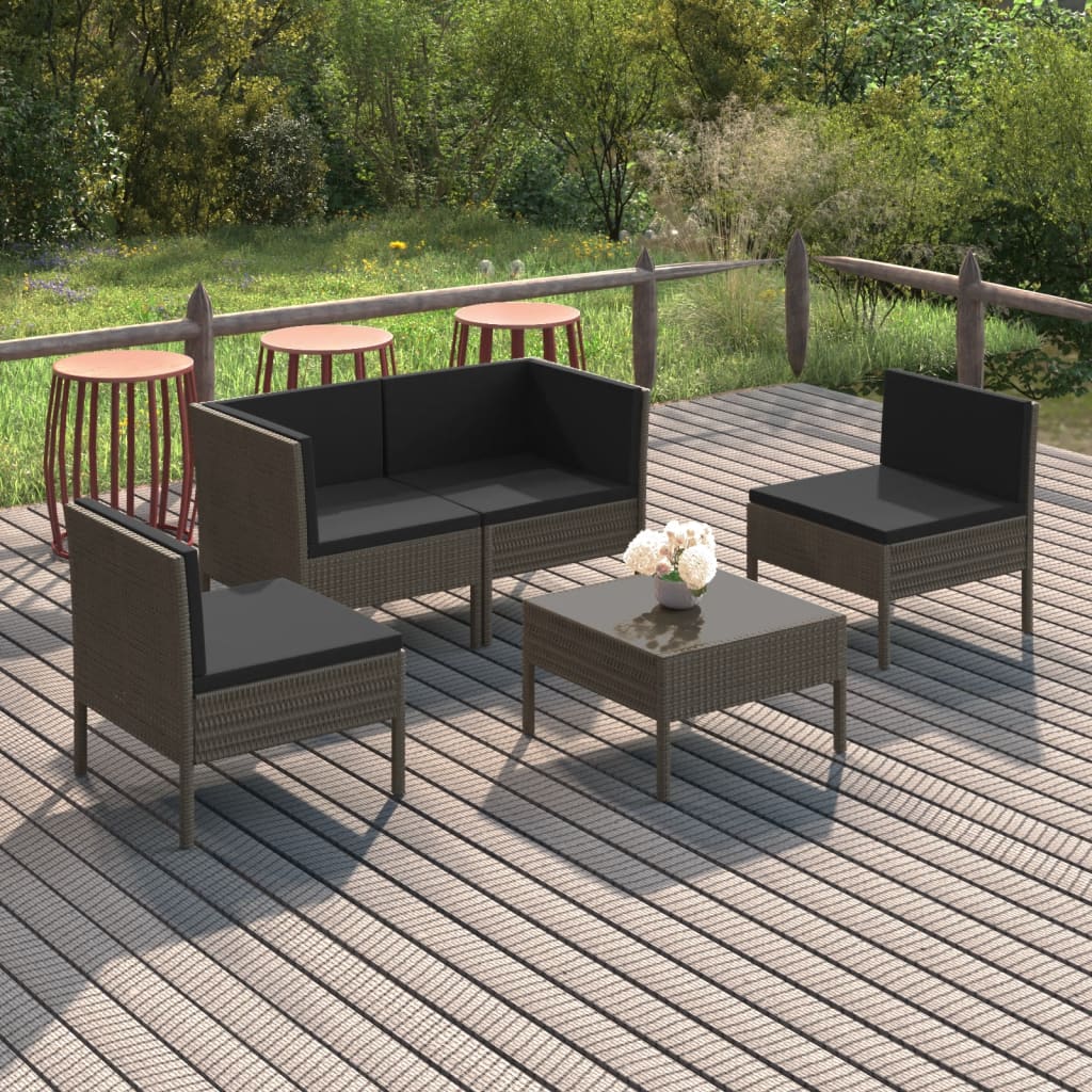 Salon de jardin 5 pcs avec coussins résine tressée gris