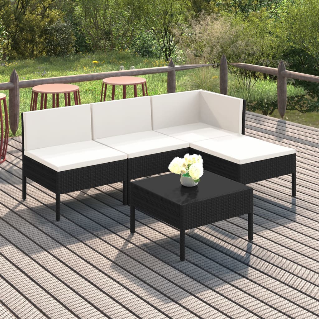 Salon de jardin 5 pcs avec coussins résine tressée noir