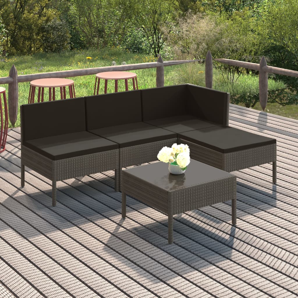 Salon de jardin 5 pcs avec coussins résine tressée gris