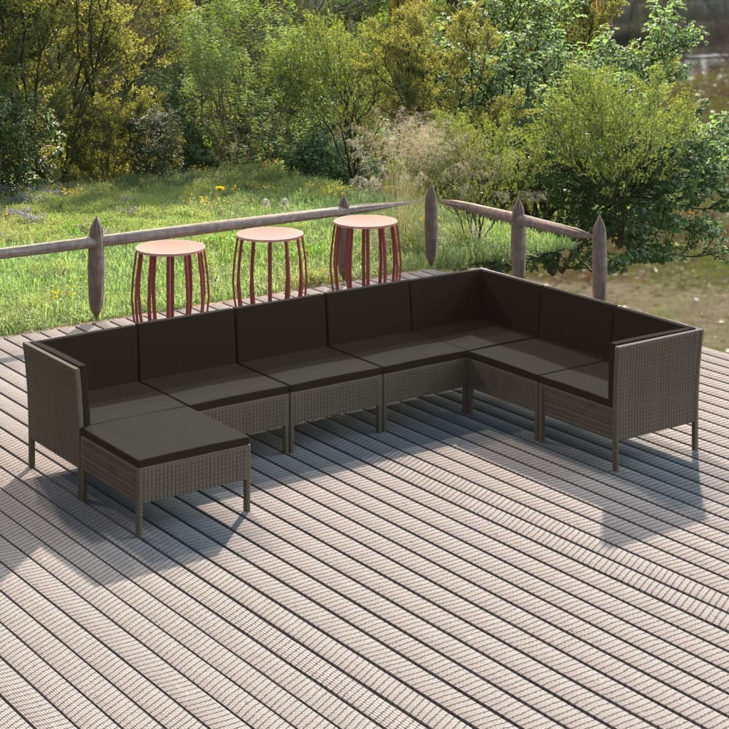 Salon de jardin 8 pcs avec coussins résine tressée gris
