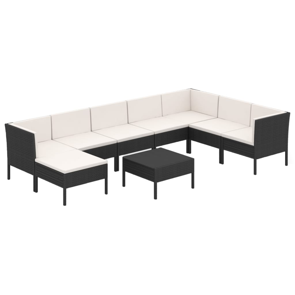 Salon de jardin 9 pcs avec coussins Résine tressée Noir