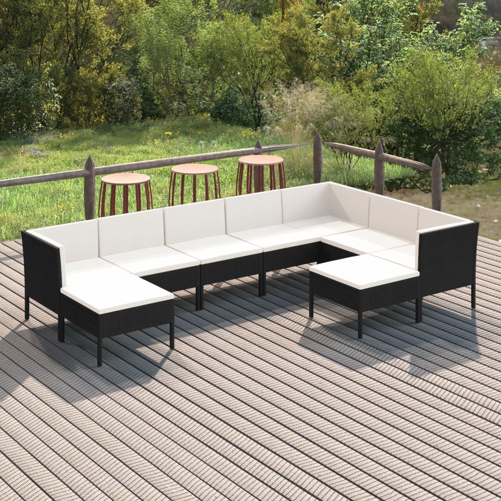 Salon de jardin 9 pcs avec coussins Résine tressée Noir