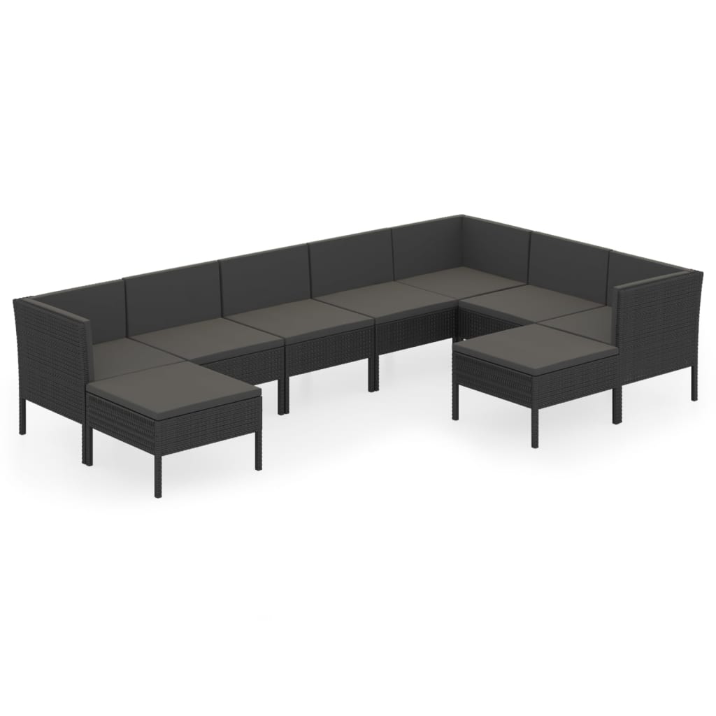 Salon de jardin 9 pcs avec coussins Résine tressée Noir