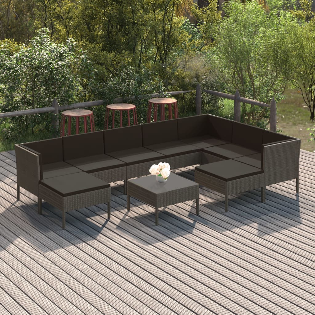Salon de jardin 10 pcs avec coussins Résine tressée Gris