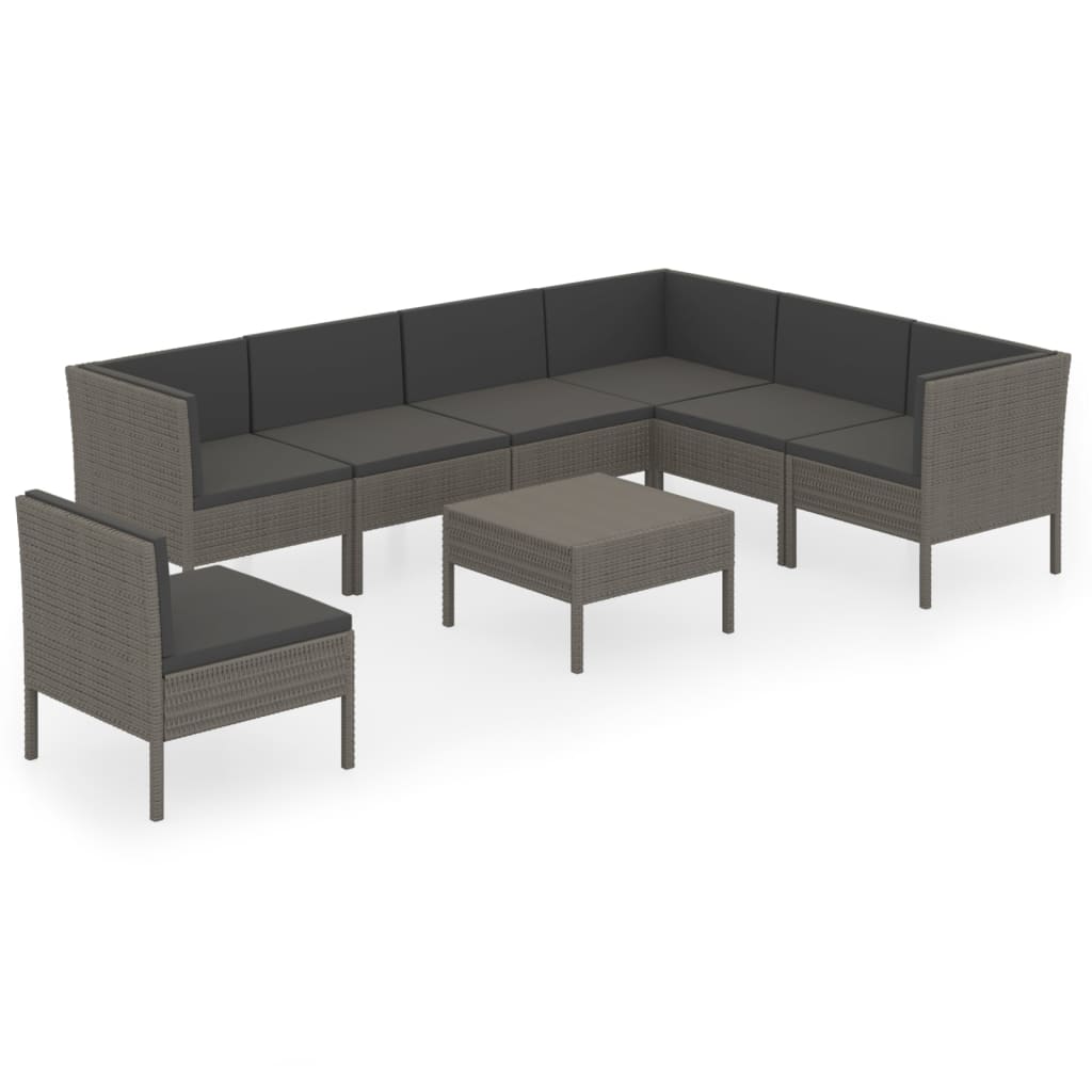 Salon de jardin 8 pcs avec coussins résine tressée gris