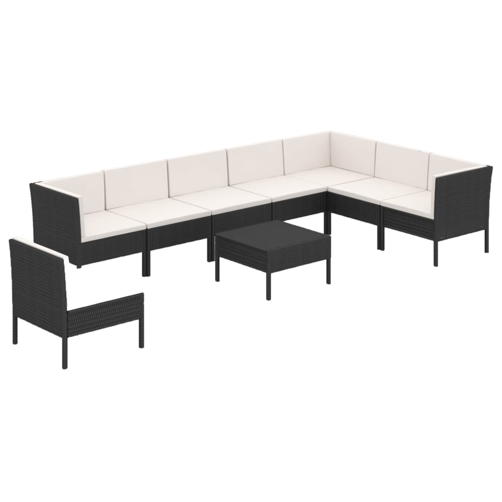 Salon de jardin 9 pcs avec coussins Résine tressée Noir