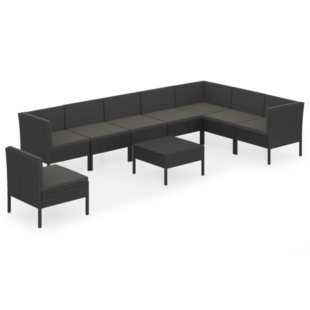 Salon de jardin 9 pcs avec coussins Résine tressée Noir