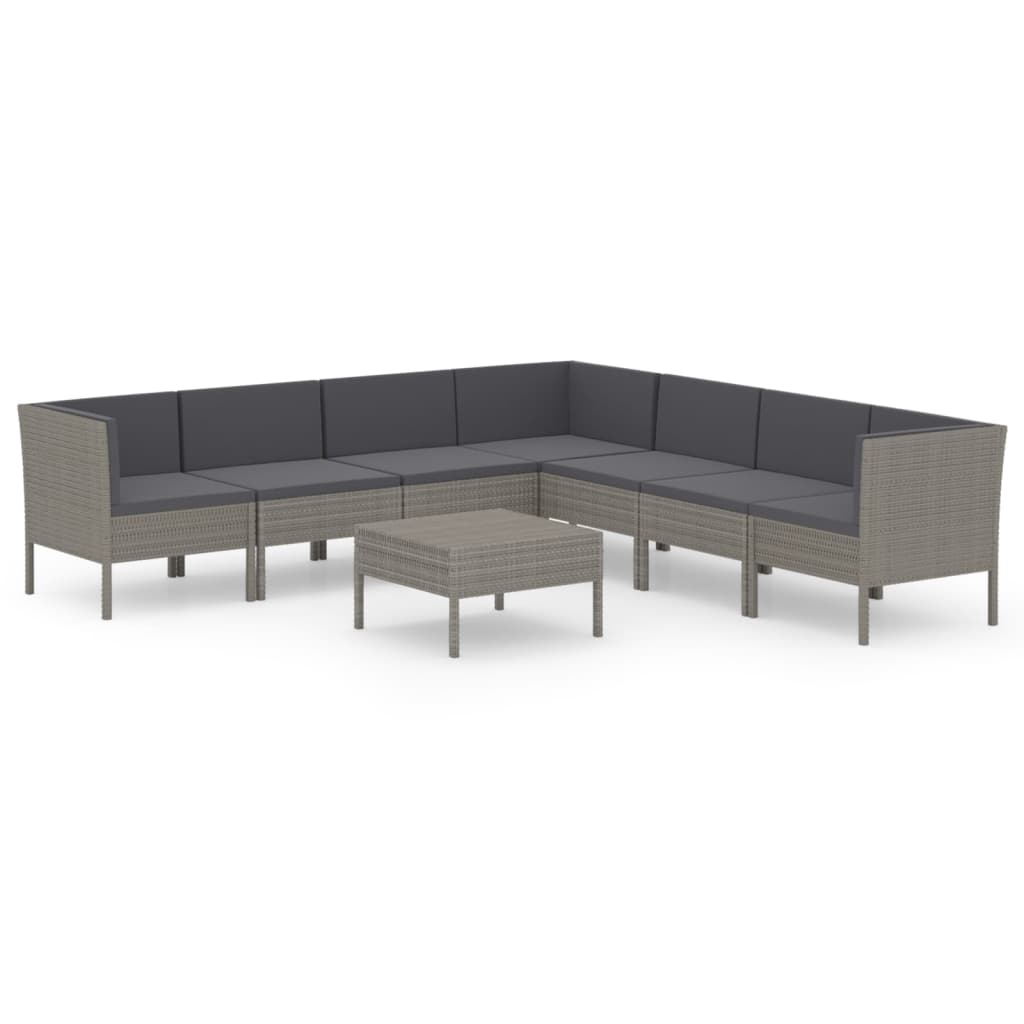 Salon de jardin 8 pcs avec coussins résine tressée gris